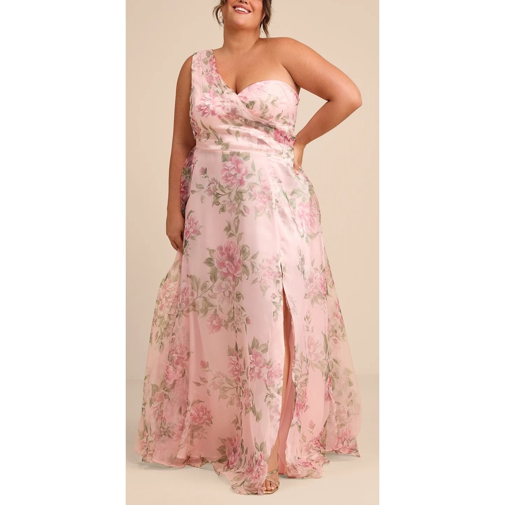 NWT Lulus Truly Extraordinary Pink Floral Organza One-Shoulder Maxi Dress 1X